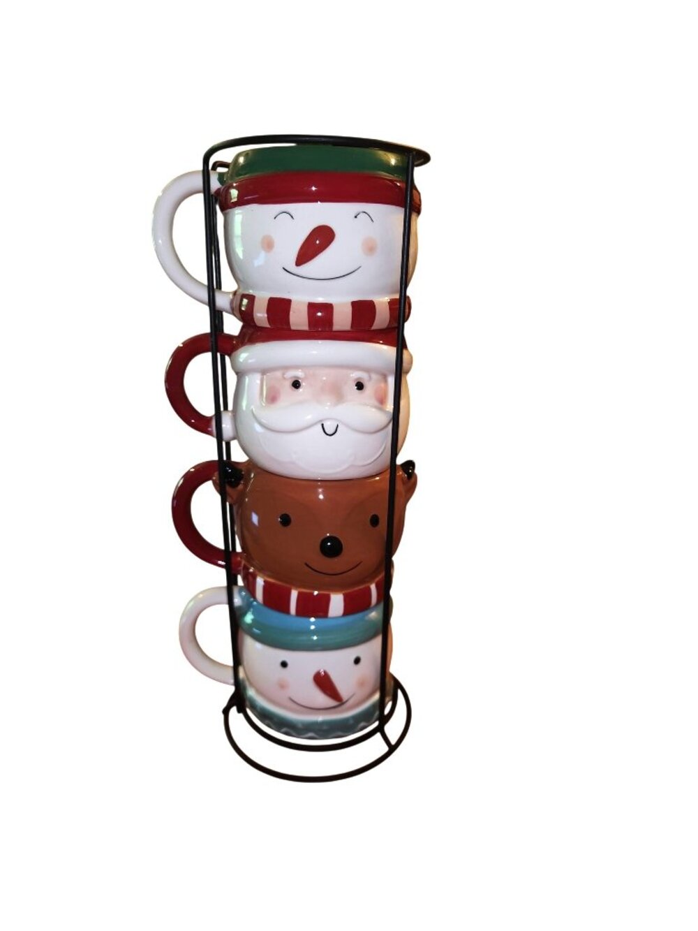 4 Holiday Time Christmas Stacking Ceramic Mugs with Metal Stand